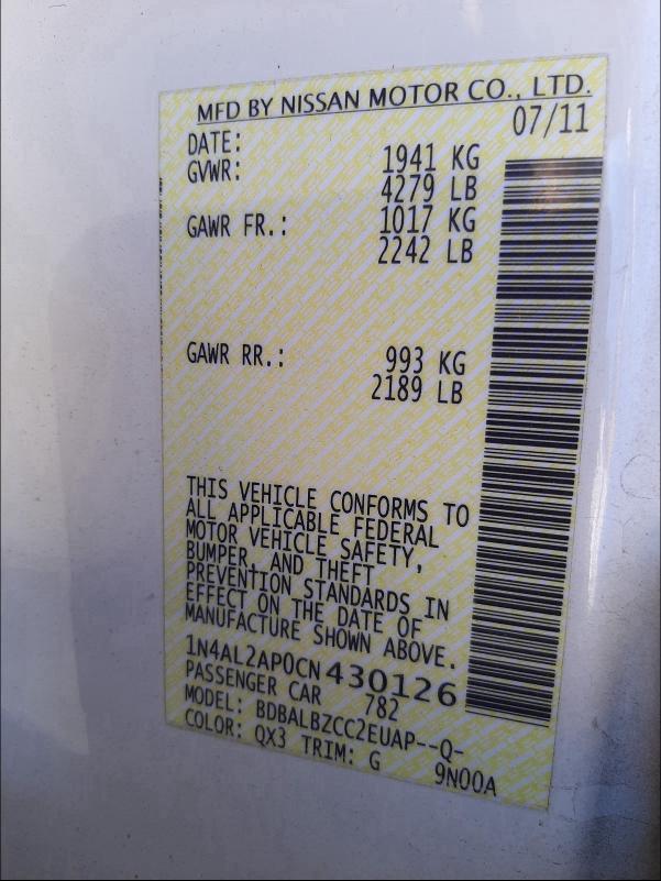 2012 NISSAN ALTIMA BAS 1N4AL2AP0CN430126