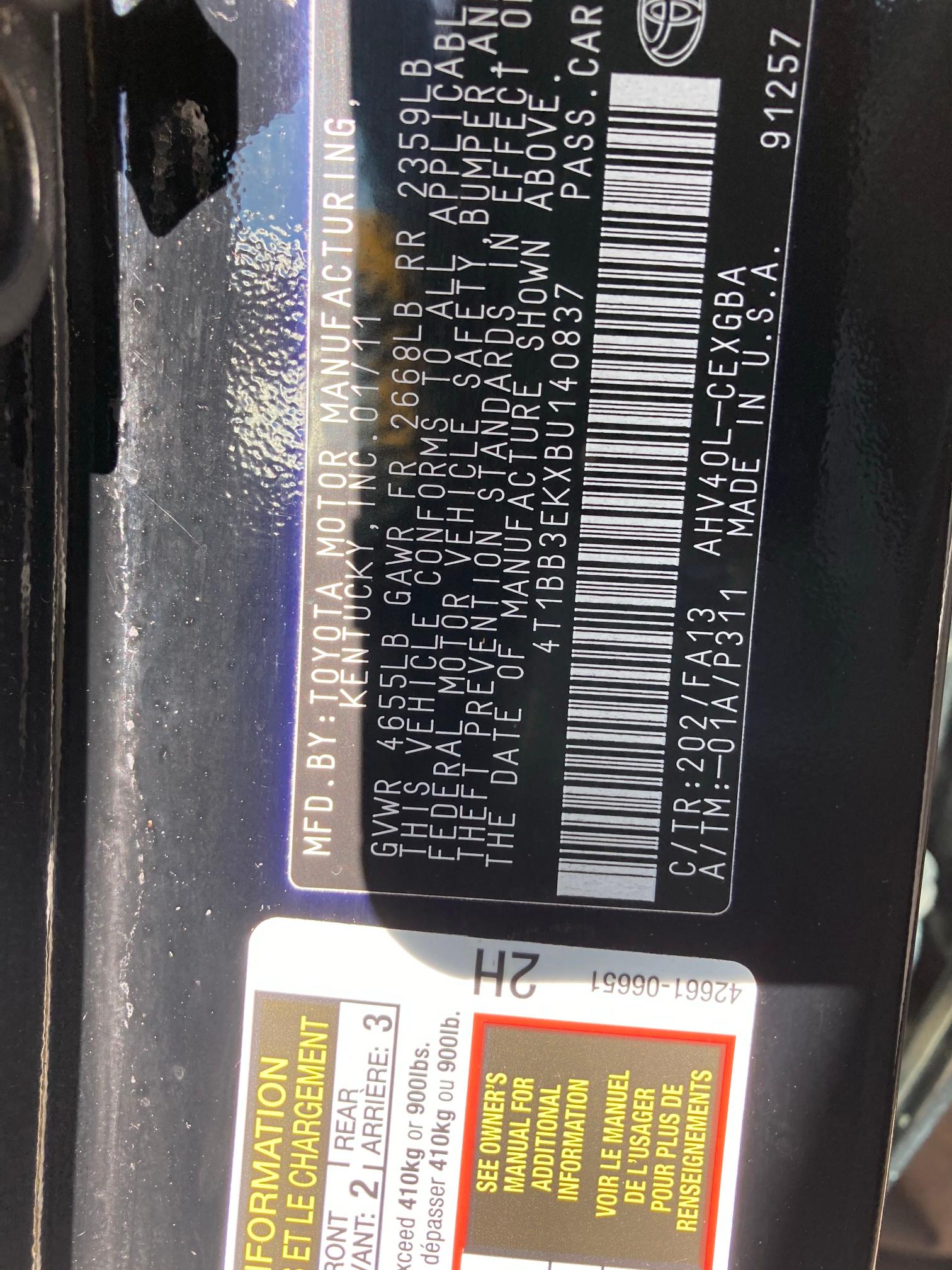2011 TOYOTA CAMRY HYBR - 4T1BB3EKXBU140837