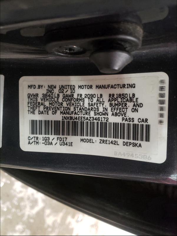 2010 TOYOTA COROLLA BA 1NXBU4EE5AZ346172