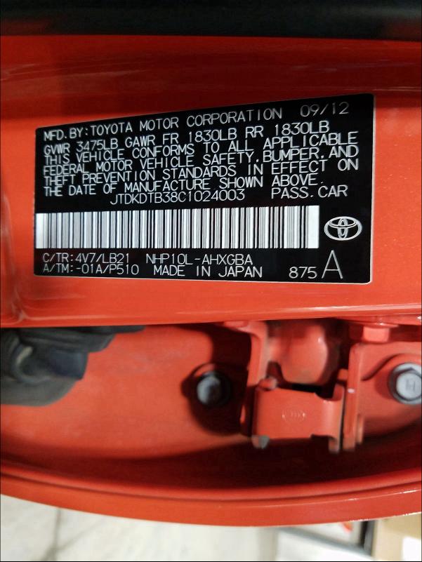 2012 TOYOTA PRIUS C JTDKDTB38C1024003