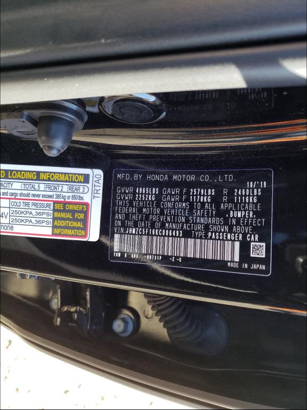 2019 HONDA CLARITY JHMZC5F16KC006493