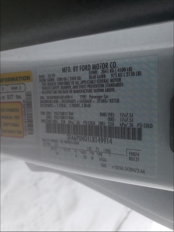 2020 FORD FUSION SE 3FA6P0HD1LR149914