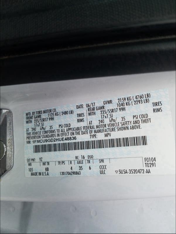 2017 FORD ESCAPE SE - 1FMCU9GD2HUE48836