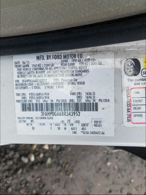 2011 FORD FUSION S - 3FAHP0GA6BR343952