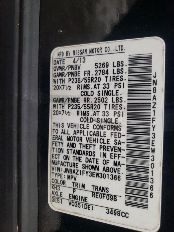 2014 NISSAN MURANO CRO JN8AZ1FY3EW301366