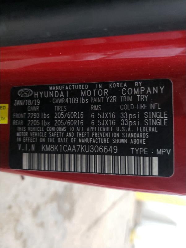 2019 HYUNDAI KONA SE KM8K1CAA7KU306649