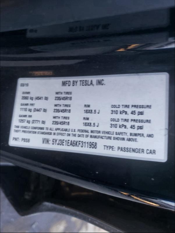 2019 TESLA MODEL 3 - 5YJ3E1EA6KF311958