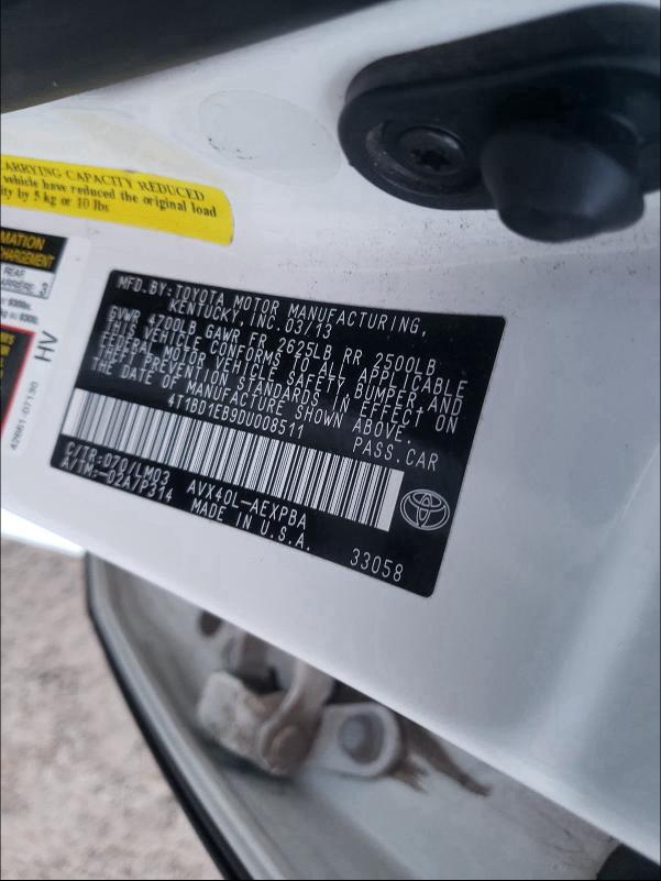 2013 TOYOTA AVALON HYB 4T1BD1EB9DU008511