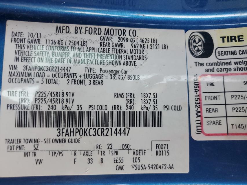 2012 FORD FUSION SPO 3FAHP0KC3CR214447