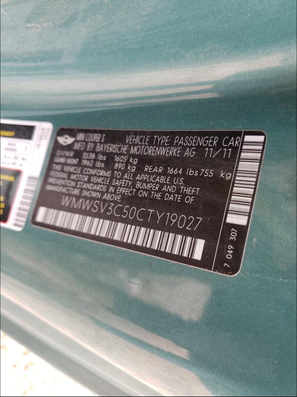 2012 MINI COOPER S WMWSV3C50CTY19027