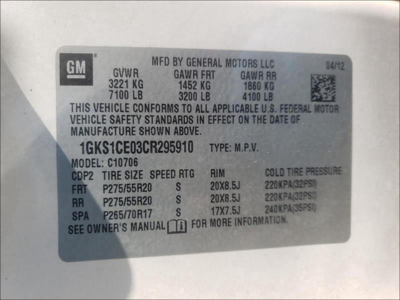 2012 GMC YUKON SLT 1GKS1CE03CR295910