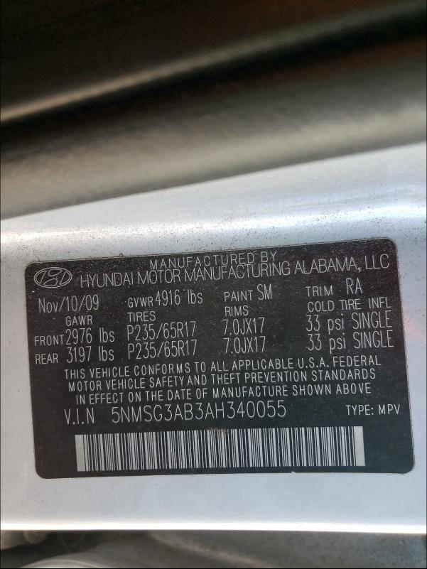 2010 HYUNDAI SANTA FE 5NMSG3AB3AH340055
