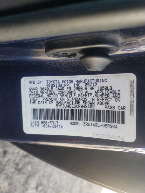 2012 TOYOTA COROLLA BA 5YFBU4EE6CP049402