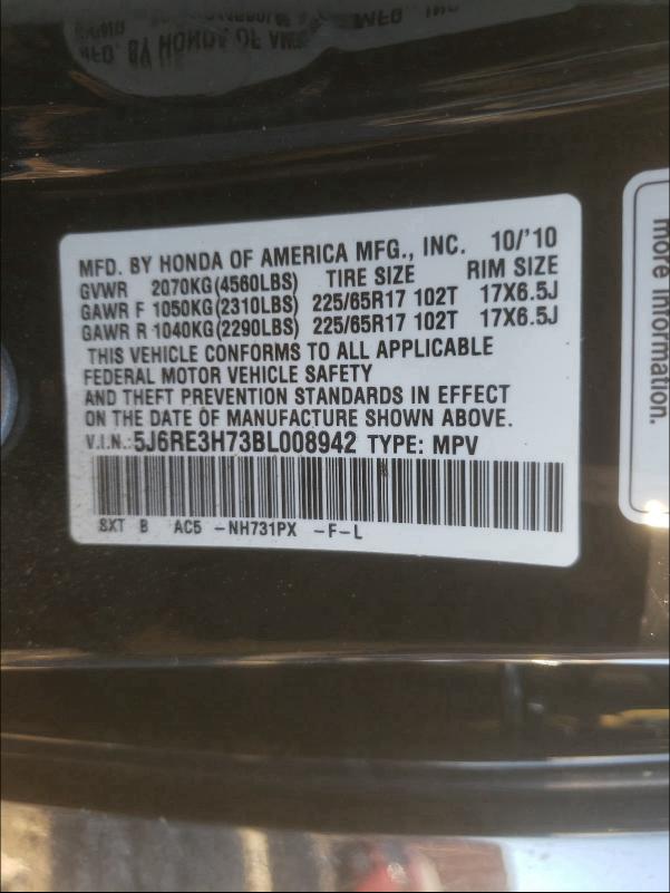 2011 HONDA CR-V EXL 5J6RE3H73BL008942