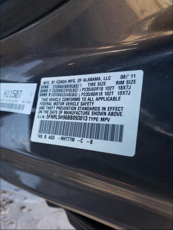 2011 HONDA ODYSSEY TO 5FNRL5H96BB093013