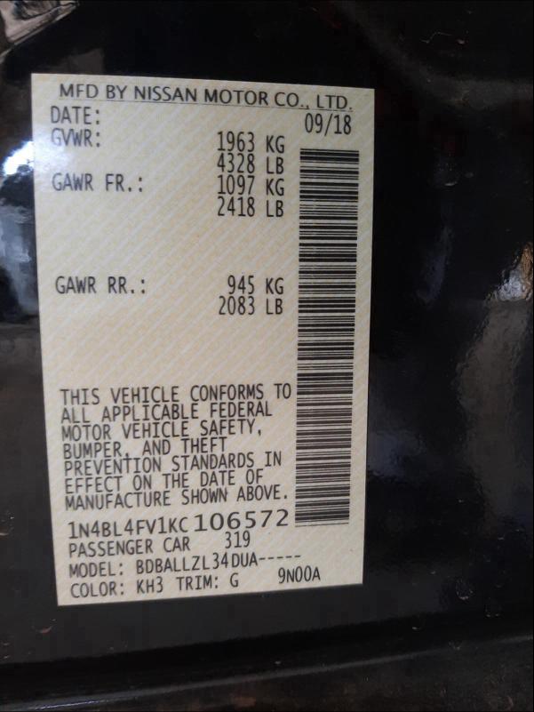2019 NISSAN ALTIMA PLA 1N4BL4FV1KC106572