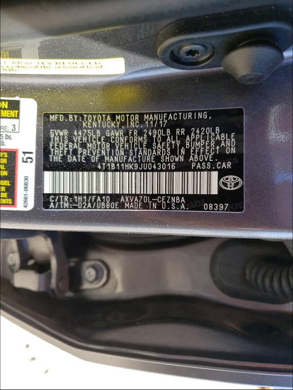 2018 TOYOTA CAMRY 4T1B11HK9JU043016