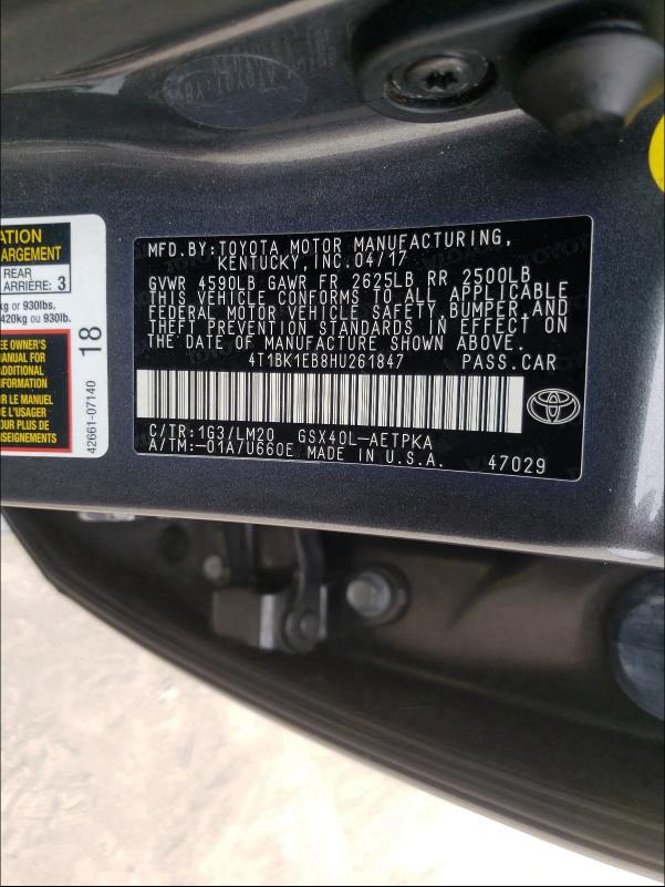2017 TOYOTA AVALON XLE 4T1BK1EB8HU261847