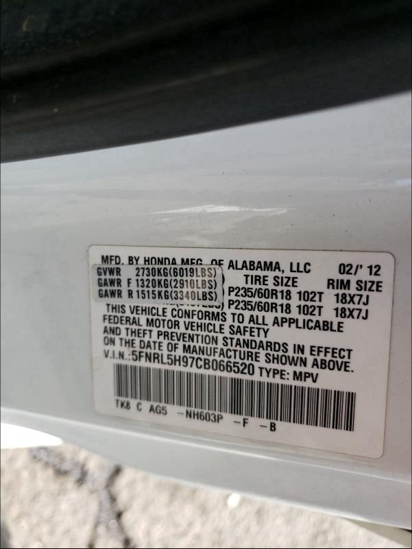 2012 HONDA ODYSSEY TO 5FNRL5H97CB066520