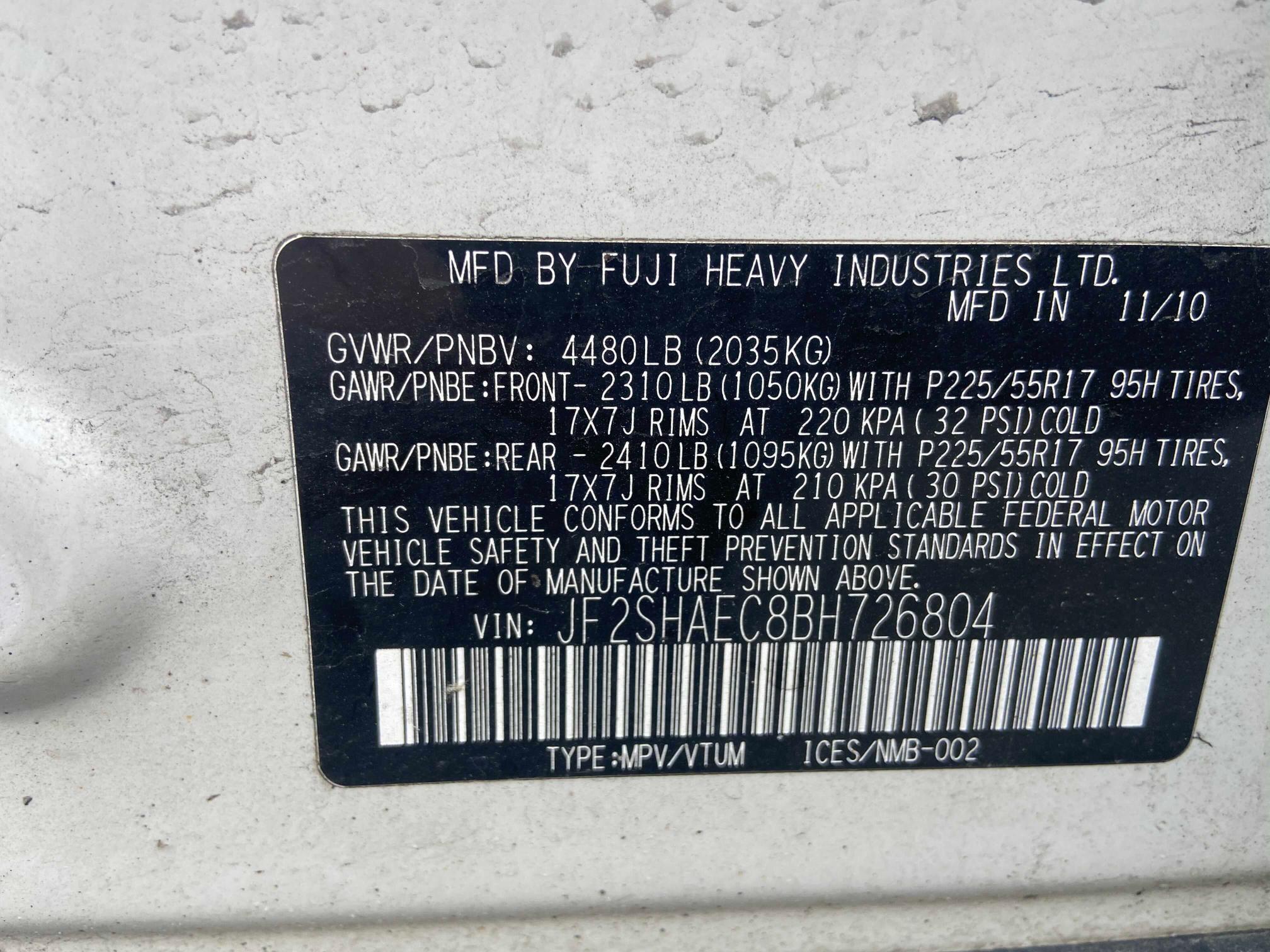 2011 SUBARU FORESTER L JF2SHAEC8BH726804