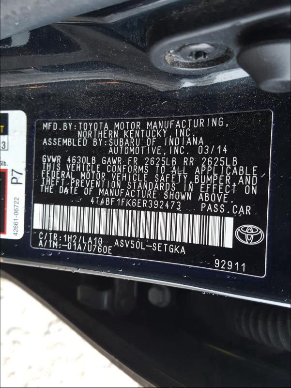 2014 TOYOTA CAMRY L 4T4BF1FK6ER392473