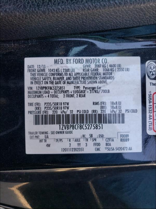 2012 FORD MUSTANG GT 1ZVBP8CF8C5275851