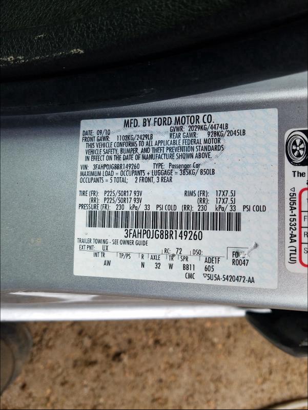 2011 FORD FUSION 3FAHP0JG8BR149260