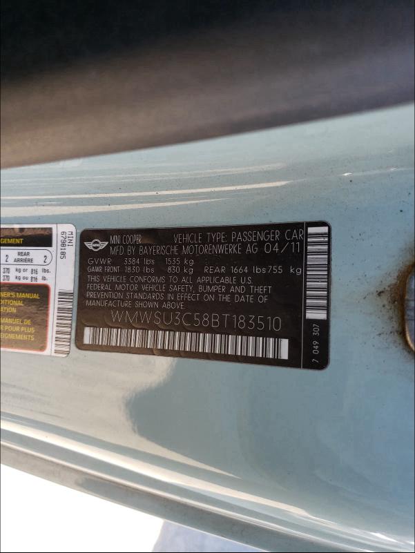2011 MINI COOPER WMWSU3C58BT183510
