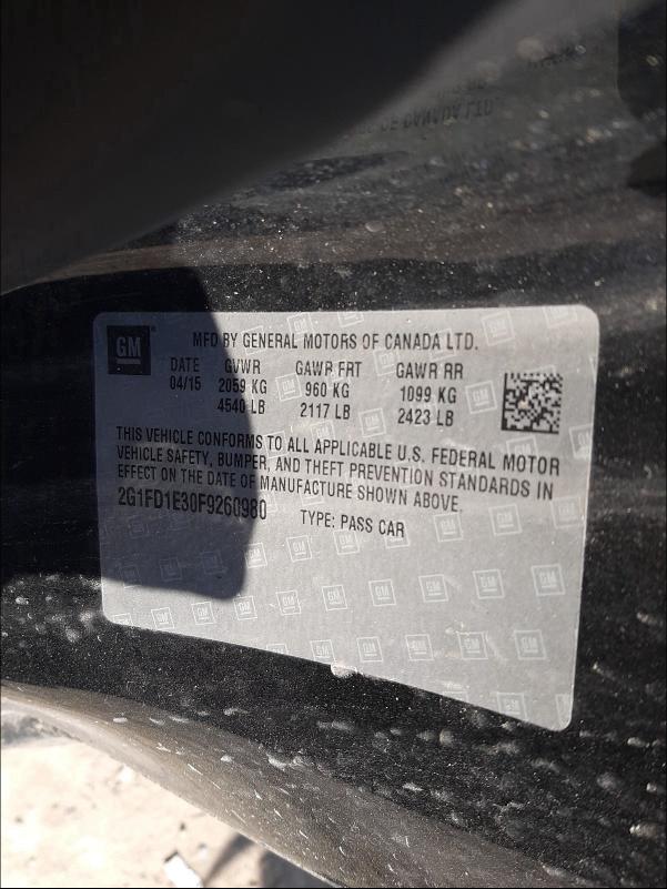 2015 CHEVROLET CAMARO 2G1FD1E30F9260980