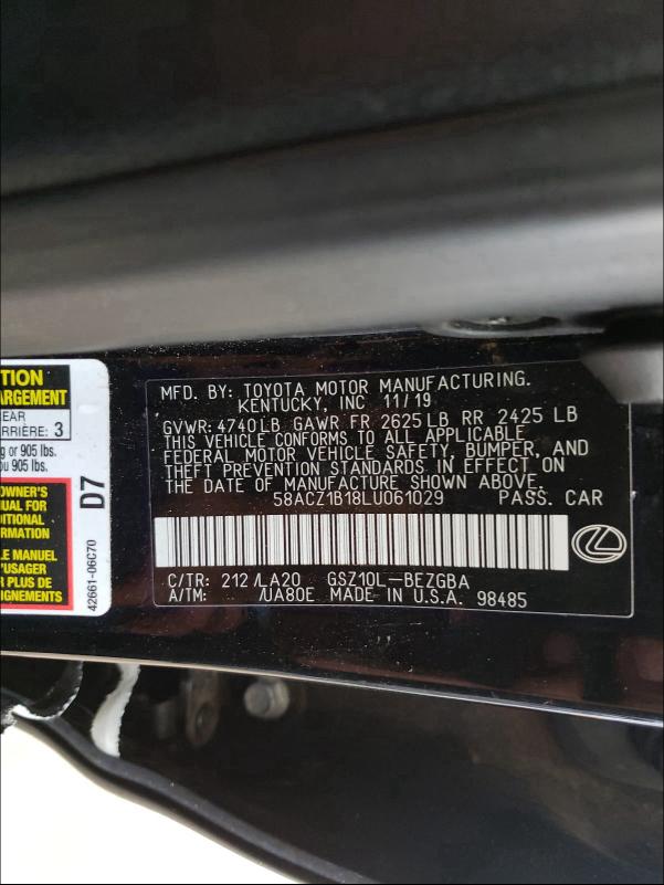 2020 LEXUS ES 350 BAS 58ACZ1B18LU061029