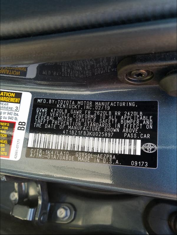 2019 TOYOTA AVALON XLE - 4T1BZ1FB3KU025897