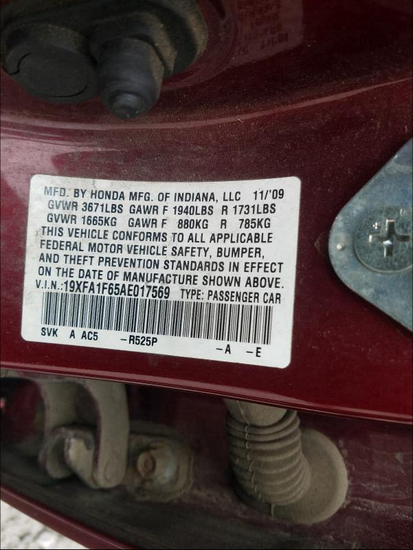 2010 HONDA CIVIC LX-S 19XFA1F65AE017569