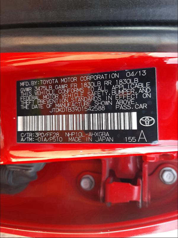 2013 TOYOTA PRIUS C JTDKDTB39D1542588