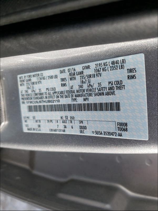 2017 FORD ESCAPE 1FMCU9J97HUB02110