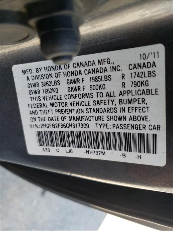 2012 HONDA CIVIC HF 2HGFB2F66CH317309