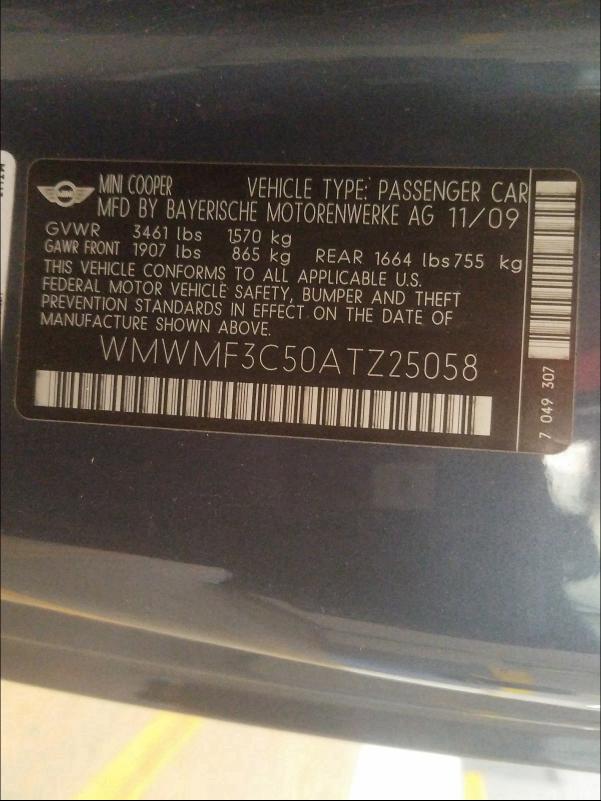 2010 MINI COOPER WMWMF3C50ATZ25058