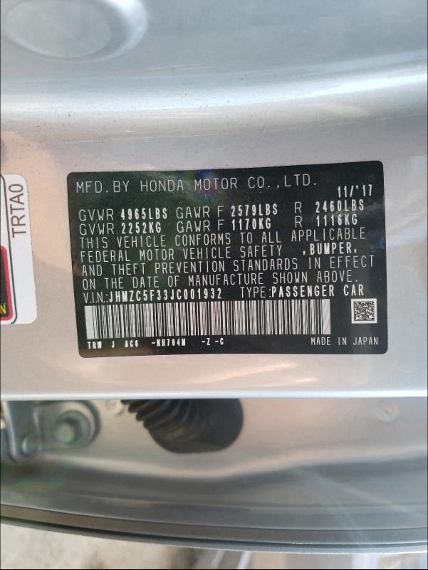 2018 HONDA CLARITY TO JHMZC5F33JC001932