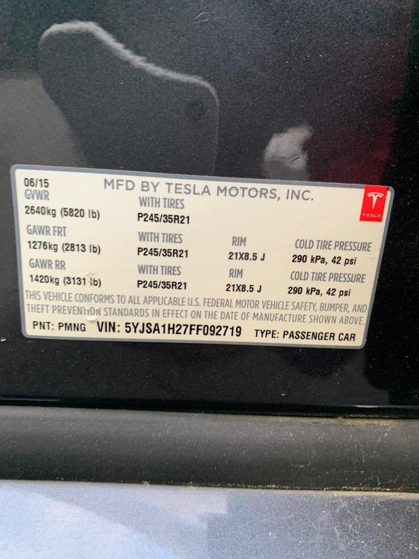2015 TESLA MODEL S 85 5YJSA1H27FF092719