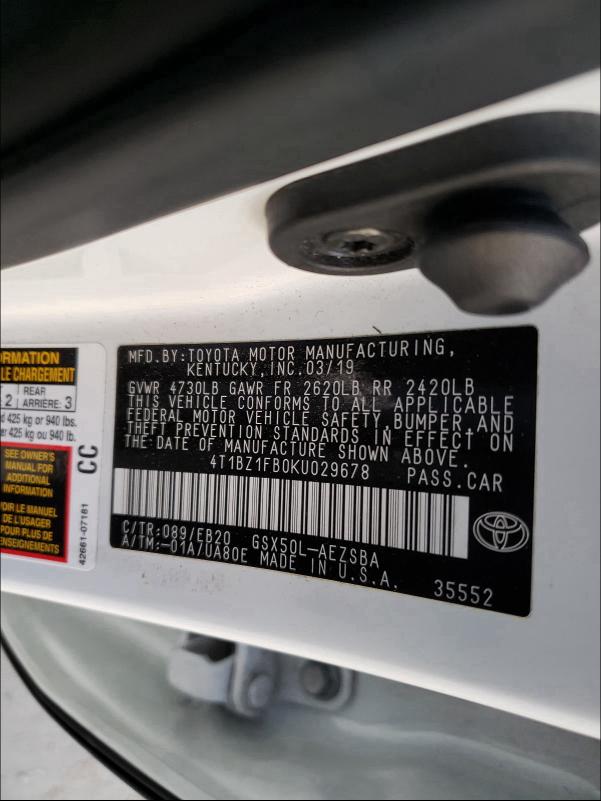 2019 TOYOTA AVALON XLE 4T1BZ1FB0KU029678