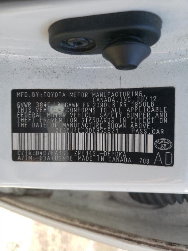 2013 TOYOTA COROLLA BA 2T1BU4EE0DC955921