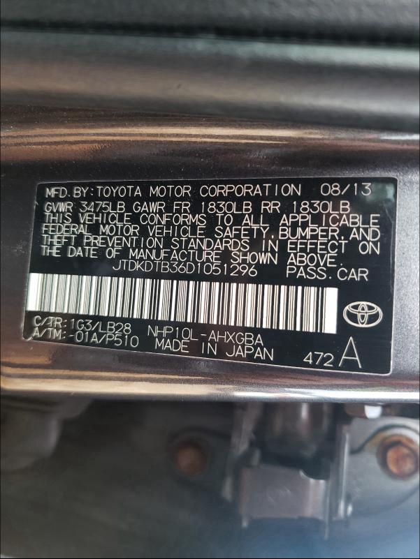 2013 TOYOTA PRIUS C JTDKDTB36D1051296