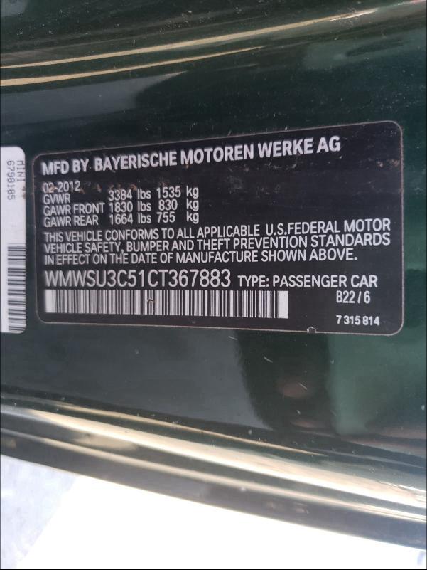 2012 MINI COOPER WMWSU3C51CT367883