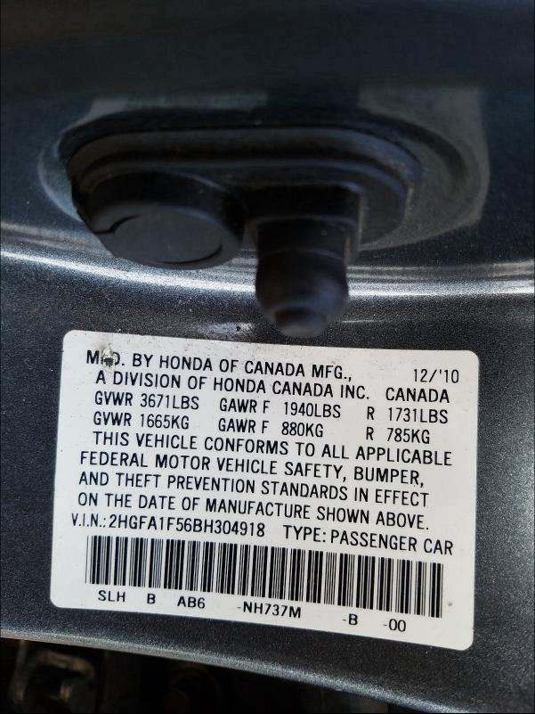 2011 HONDA CIVIC LX 2HGFA1F56BH304918