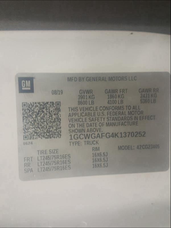 2019 CHEVROLET EXPRESS G2 1GCWGAFG4K1370252