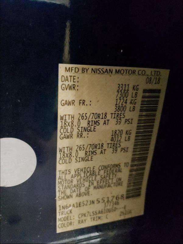 2018 NISSAN TITAN SV 1N6AA1E52JN551768