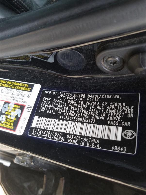 2016 TOYOTA AVALON XLE 4T1BK1EB6GU209423