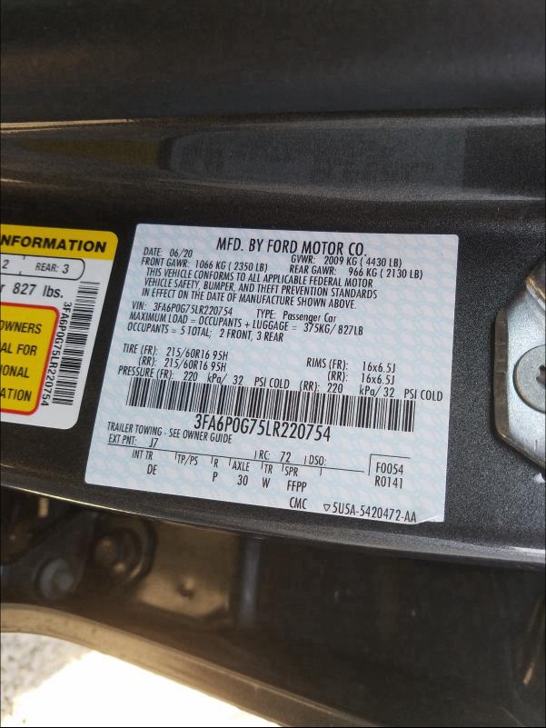 2020 FORD FUSION S - 3FA6P0G75LR220754