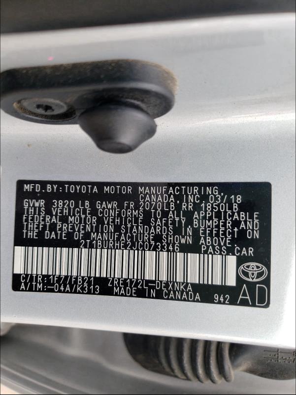 2018 TOYOTA COROLLA L 2T1BURHE2JC073346