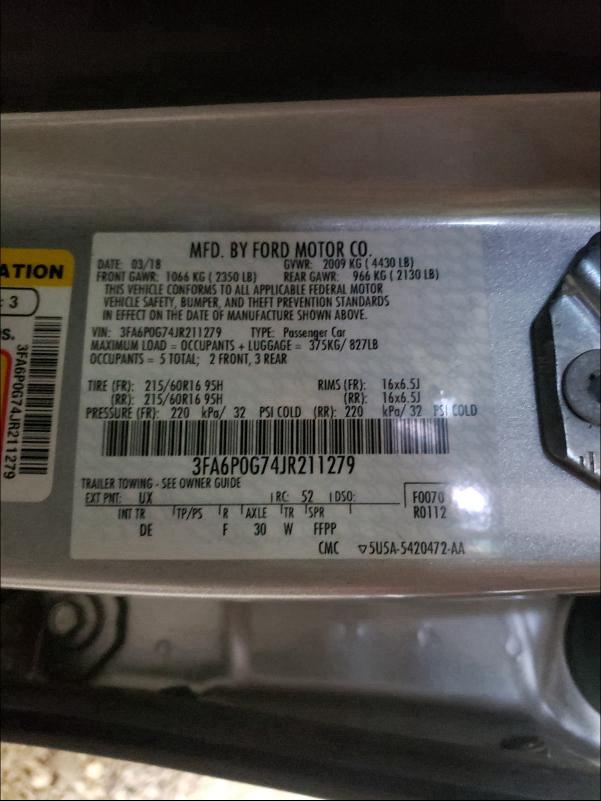 2018 FORD FUSION S 3FA6P0G74JR211279