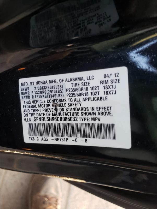 2012 HONDA ODYSSEY TO 5FNRL5H96CB086032